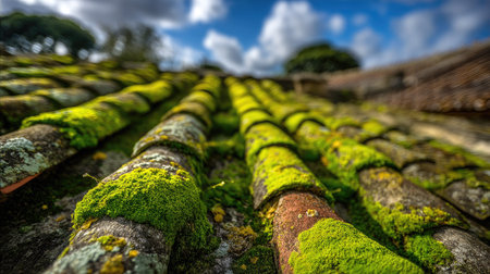 Discover the beauty of moss-covered roof tiles, showcasing nature's touch on rustic architecture under a clear blue sky. Perfect for nature and design themes.の素材