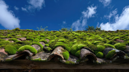 A stunning view of a moss-covered terracotta roof under a bright blue sky, showcasing nature's beauty and tranquility. Perfect for landscape themes.の素材