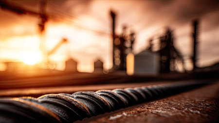 This captivating image features steel rods in the foreground with a stunning industrial backdrop at sunset, highlighting the beauty of construction and machinery.の素材