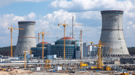 A vast scene of a nuclear power plant under construction with towering cooling structures and cranes, showcasing modern industrial development and energy solutions.の素材