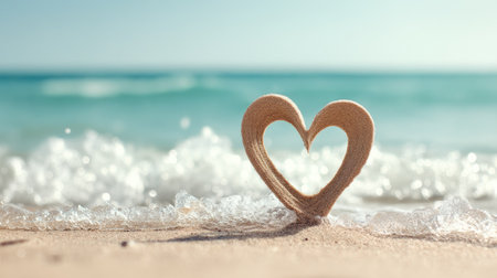 A beautiful heart shape made from sand sits on the beach, with gentle waves lapping at the shore. This serene scene captures the essence of love and tranquility.の素材