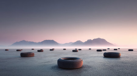 This artistic image showcases tires placed in a deserted landscape under a serene sunset. The mountains in the background add depth to the tranquil scene.の素材