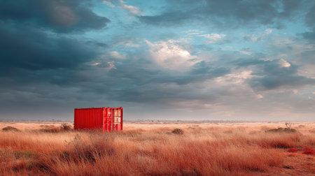 A striking red shipping container stands alone in a vast, golden field under a dramatic sky. This serene composition captures the essence of isolation and minimalism in nature.の素材