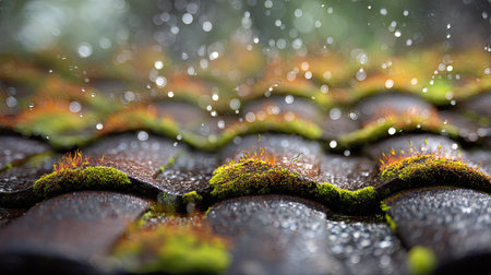 This stunning close-up image captures water droplets cascading down a moss-covered roof tile. The vibrant green moss contrasts beautifully with the earthy tones of the tile, depicting nature's resilience.の素材