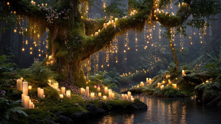 A mesmerizing forest scene illuminated by candles and glowing lights, showcasing a tranquil river and lush greenery. Perfect for evoking a magical atmosphere.の素材