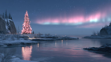 A stunning winter scene featuring a decorated Christmas tree by a calm lake. The vibrant aurora borealis dances overhead, creating a magical atmosphere.の素材