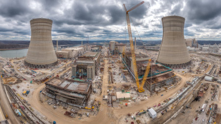 Aerial view of a power plant construction site featuring large cooling towers, cranes, and various machinery. The landscape showcases industrial progress and development.の素材