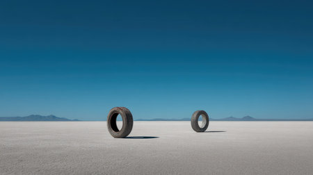Two abandoned tires rest on a vast desert landscape beneath a clear blue sky, evoking feelings of isolation and tranquility in this minimal yet stunning scene.の素材
