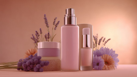 A visually appealing arrangement of beauty products featuring elegant jars and bottles amidst soft flowers. Ideal for skincare themes and wellness concepts.の素材