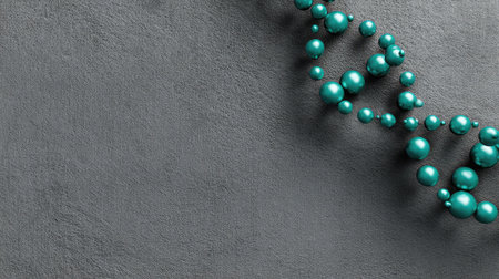 This abstract image showcases a DNA helix formed from turquoise beads, set against a textured gray backdrop. It symbolizes genetic research and innovation.の素材