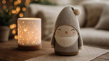 Adorable gnome figurine beside a softly glowing candle creates a cozy, inviting atmosphere perfect for holiday decorations and peaceful indoor moments.の素材