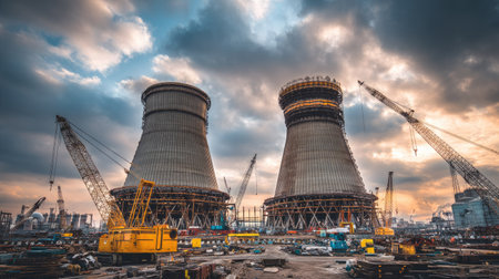 Dramatic scene at dusk showcasing construction of industrial cooling towers with cranes and machinery. A blend of urban development and industrial energy.の素材