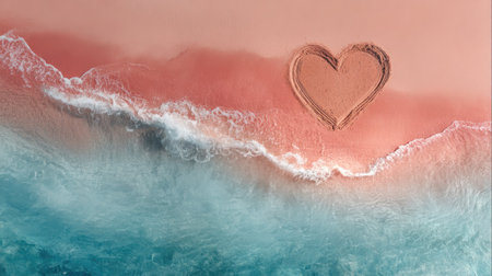 Aerial view of a romantic heart shape drawn in sand on a beautiful beach, merging with vibrant waves, creating a tranquil and serene atmosphere. Ideal for love-themed projects.の素材