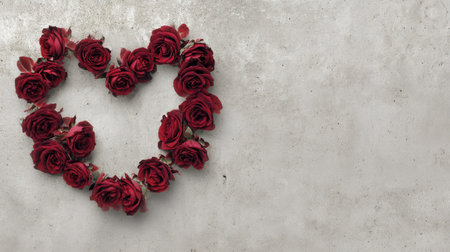 Beautiful heart shape created with red roses against a gray concrete background. A perfect representation of love, romance, and emotional connection for various occasions.の素材