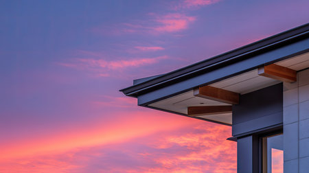 Stunning image of modern architecture against a vibrant sunset sky, showcasing sleek lines and a warm color palette. Ideal for architectural and design themes.の素材
