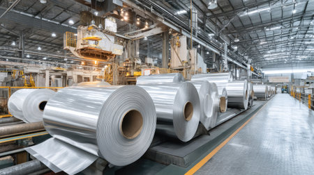 A bright industrial space showcasing large rolls of shiny metal in a manufacturing facility, highlighting advanced technology and efficient workflow in production.の素材
