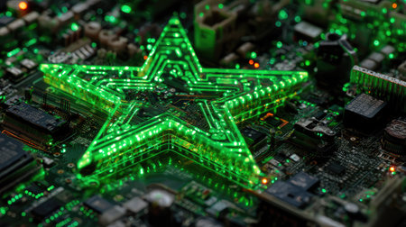 This image features a glowing green star shape integrated into a circuit board, showcasing technology's fusion with art and innovation in electronics.の素材