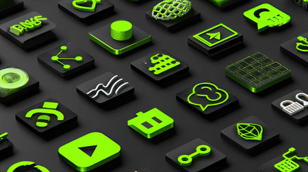 Explore a collection of modern green and black icons ideal for digital applications and branding, conveying innovation and creativity in graphic design.の素材