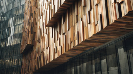 This image captures a modern architectural facade showcasing an intricate blend of wood and glass, highlighting contemporary design and urban aesthetics.の素材