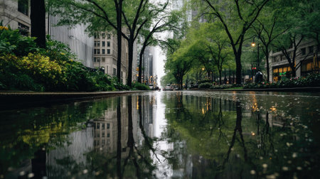 A captivating urban scene after rain, showcasing reflections of city buildings in puddles. Lush greenery frames the street, creating a serene atmosphere.の素材
