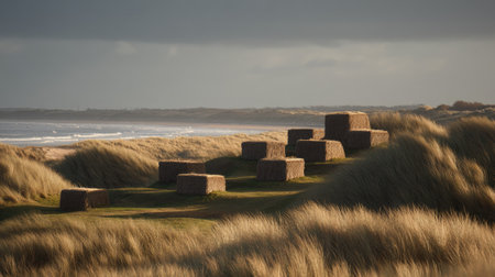 Scenic view featuring hay bales on a beach near waves and lush dune grass, bathed in tranquil evening light. A perfect blend of nature and agriculture.の素材