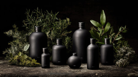 This captivating image showcases a collection of elegant black bottles artfully arranged amidst lush greenery. The minimalist design emphasizes tranquility and organic beauty, perfect for a sophisticated aesthetic.の素材
