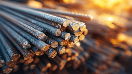This close-up image showcases steel rebar, a crucial material in construction. The intricate texture highlights the strength and durability essential for various projects.の素材