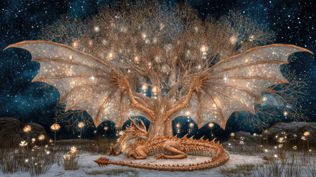 This stunning fantasy image features a magnificent dragon resting under a glowing, enchanted tree with luminous branches under a starry night sky.の素材