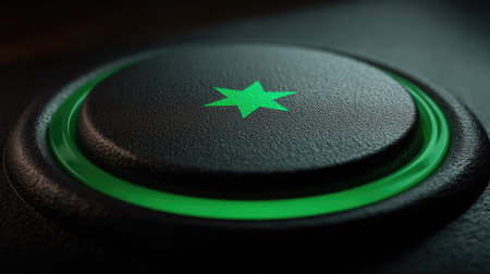 A striking close-up of a green star symbol illuminated on a sleek black button, showcasing detailed texture and modern design elements. Ideal for technology themes.の素材