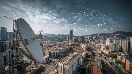 A stunning high-angle view showcasing a satellite dish among urban architecture. The interconnected network symbolizes technology and communication in a bustling city.の素材