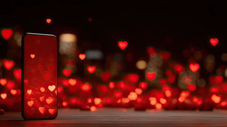 A smartphone displays a captivating background of red hearts, creating a romantic atmosphere. Ideal for themes of love, celebration, and intimate moments.の素材
