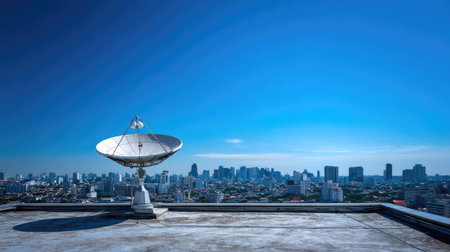 A satellite dish mounted on a rooftop provides a striking view of the city skyline under a clear blue sky. This image depicts modern urban technology in action.の素材