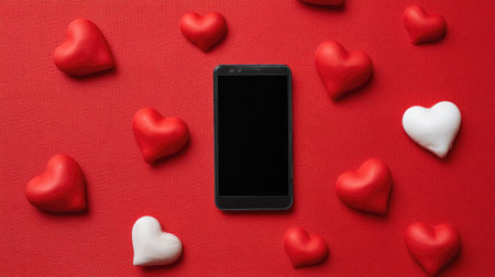 A mobile phone with a blank screen rests on a bright red background, surrounded by red and white heart shapes, symbolizing love and connection.の素材