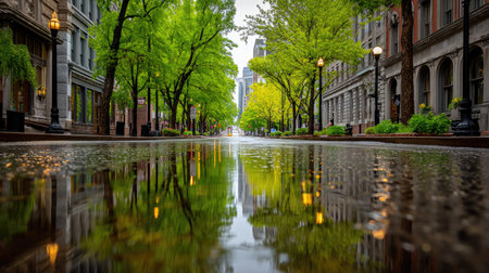 A peaceful urban street after rain, featuring lush green trees and beautiful reflections on the wet pavement, creating a serene atmosphere in the city.の素材