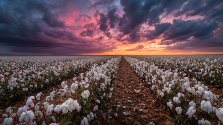 A breathtaking view of a cotton field during sunset, featuring vibrant clouds and rich colors. Captures the essence of rural beauty and agricultural life.の素材