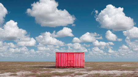 A vibrant red shipping container stands alone in a vast landscape under a clear blue sky filled with fluffy white clouds, showcasing isolation and beauty.の素材