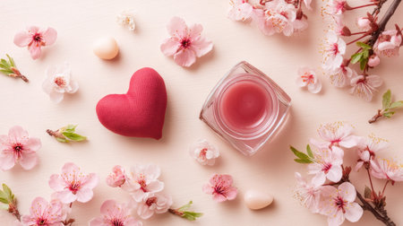 A romantic arrangement featuring pink flowers, a heart-shaped object, and a cosmetic cream jar, creating a serene and elegant atmosphere perfect for wellness and beauty.の素材