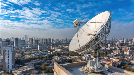 A large satellite dish is positioned on a rooftop, providing a clear view of the sprawling cityscape below. The scene captures a blend of technology and urban life under a bright sky.の素材