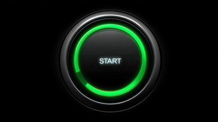This image features a sleek green start button on a dark background, ideal for technology applications, software interfaces, and user prompts in digital designs.の素材