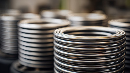 A close-up view of stacked metal springs in an industrial setting, showcasing their shiny surface and circular patterns against a blurred background. Perfect for manufacturing and engineering themes.の素材