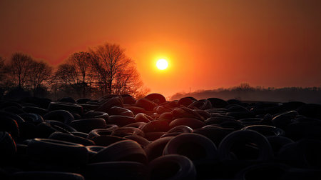 A stunning sunset illuminates a large pile of tires against a backdrop of silhouetted trees. The orange glow creates a striking contrast in this serene landscape.の素材