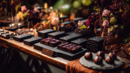 A stunning array of gourmet chocolates artfully displayed on a rustic table surrounded by beautiful flowers. Perfect for events, celebrations, and indulgence.の素材