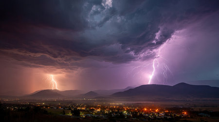 A breathtaking view of a dramatic thunderstorm with vivid lightning illuminating the night sky over a serene mountain landscape, showcasing nature's power.の素材