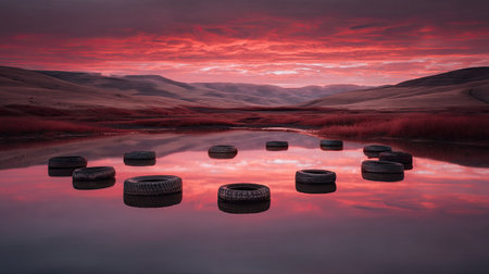A stunning view of tires arranged in a circle on still water during sunset, reflecting vibrant colors in a serene landscape. A perfect blend of nature and artistry.の素材