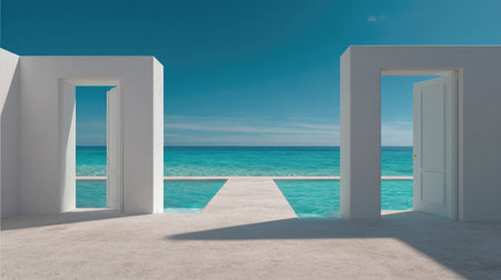 A minimalist scene featuring two open doors overlooking a tranquil ocean, merging architecture with breathtaking nature. Perfect for inspirational themes.の素材