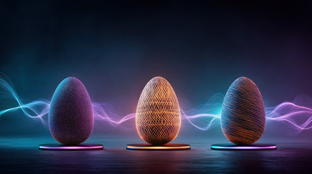 This captivating stock photo features three colorful abstract eggs with dynamic light waves against a dark background, blending modern design and artistic innovation.の素材