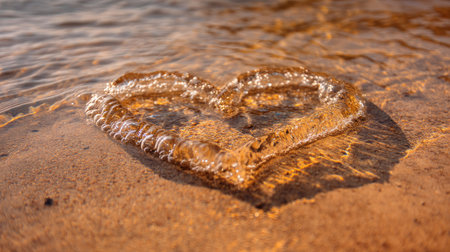A heart shape formed by gentle waves on a sandy beach during sunset. The warm light and textures create a serene and romantic atmosphere, perfect for showcasing love and nature.の素材