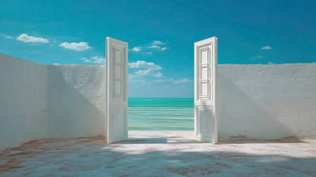 A serene image of open white doors leading to a tranquil sea with a bright blue sky, capturing a sense of freedom and peaceful escape into nature's beauty.の素材