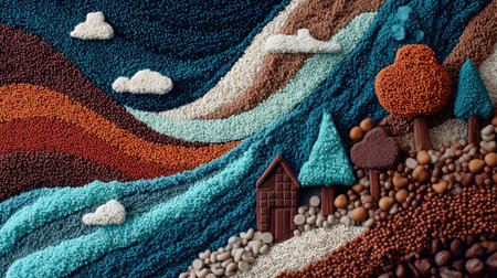 A vibrant and imaginative landscape made entirely from edible ingredients, showcasing intricate textures, colorful waves, and charming nature elements like trees and clouds.の素材