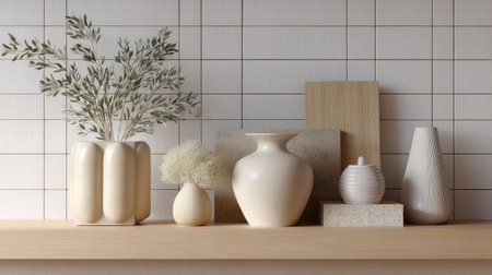 A minimalistic home decor arrangement showcasing elegant vases, natural plants, and textured elements. Perfect for modern interior design inspiration.の素材